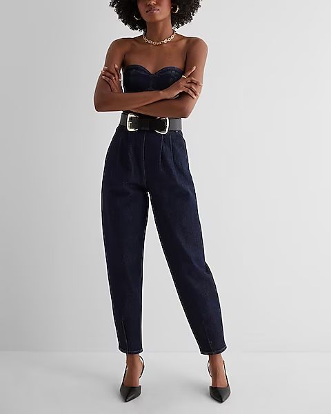 Denim Sweetheart Neckline Tapered Leg Jumpsuit | Express