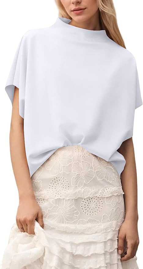 MISSACTIVER Women’s Casual Mock Neck Batwing Tee Top Short Sleeve Drop Shoulder Solid Color Bag... | Amazon (US)