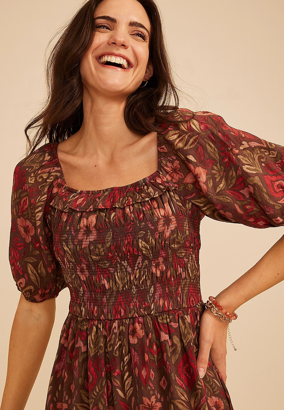 Floral Square Neck Smocked Bodice Midi Dress | Maurices