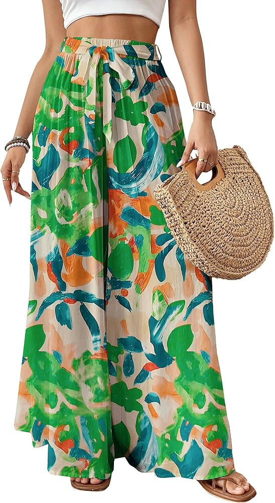 Bsubseach Wide Leg Pants Woman Flowy Floral Palazzo Pants for Women High Waisted Summer Casual Tr... | Amazon (US)