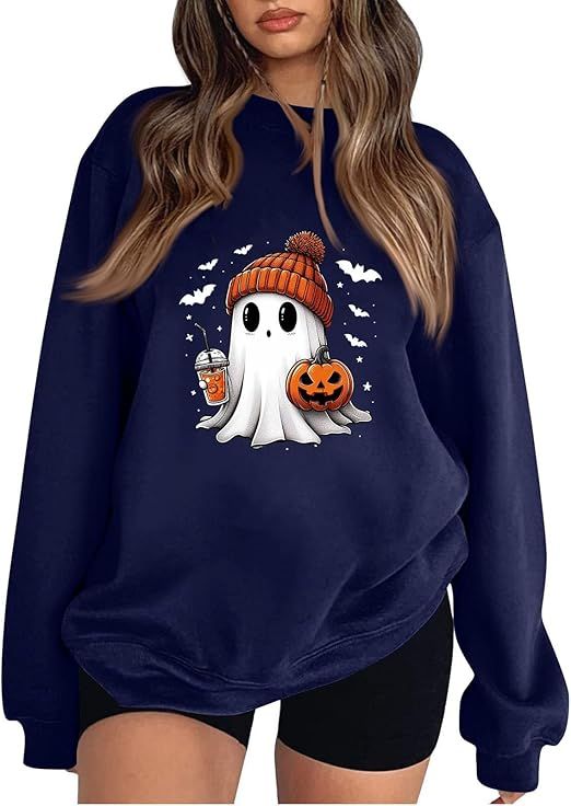 Women's Halloween Sweatshirt Cute Ghost Graphic Pullover Tops Funny Novelty Pumpkin Print Crewnec... | Amazon (US)