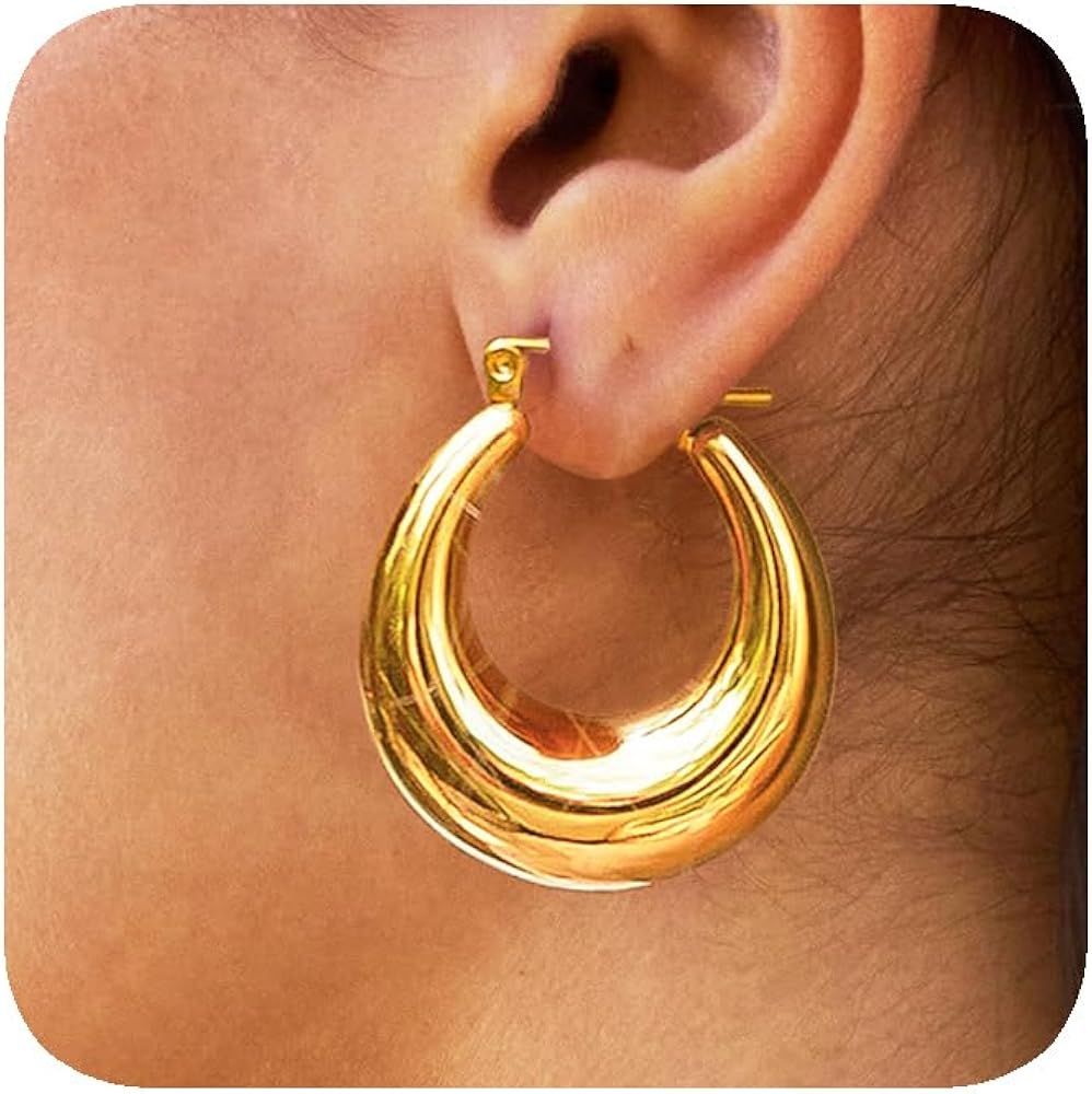 Chunky Gold Hoop Earrings for Women, 14k Gold Plated Thick Triple Twisted Hoop Earrings Hypoaller... | Amazon (US)