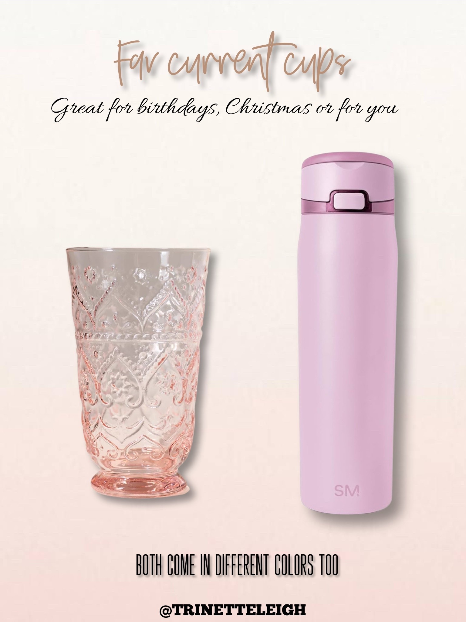 My current favorite cups. Pink Tumblr. Pink hand blown glass cup. Both come in multiple colors. Great for Christmas gift ideas or for yourself.

#LTKTravel #LTKHome #LTKFindsUnder100