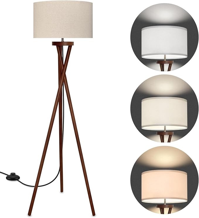 Wood Tripod Floor Lamp, Modern Design Light, Flaxen Lamp Shade with 3 Color Temperatures LED Bulb... | Amazon (US)