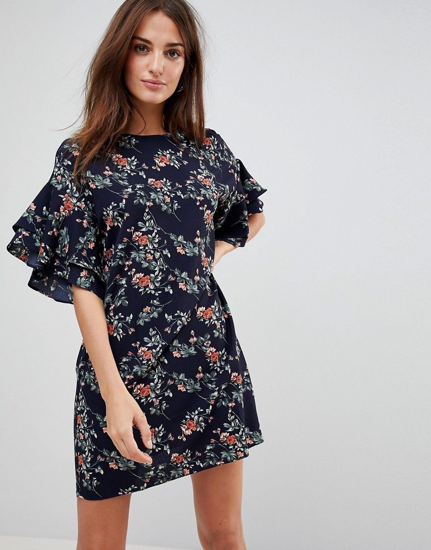 Parisian Floral Shift Dress With Flare Sleeve - Navy | ASOS US