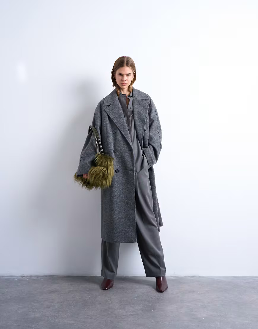 Topshop clean double breasted longline coat in charcoal-Grey | ASOS (Global)
