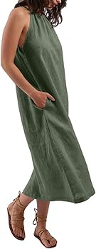 Linen Dresses for Women 2025 Casual Summer Sleeveless Halter Neck Midi Dress Long Flowy Beach Sun... | Amazon (US)