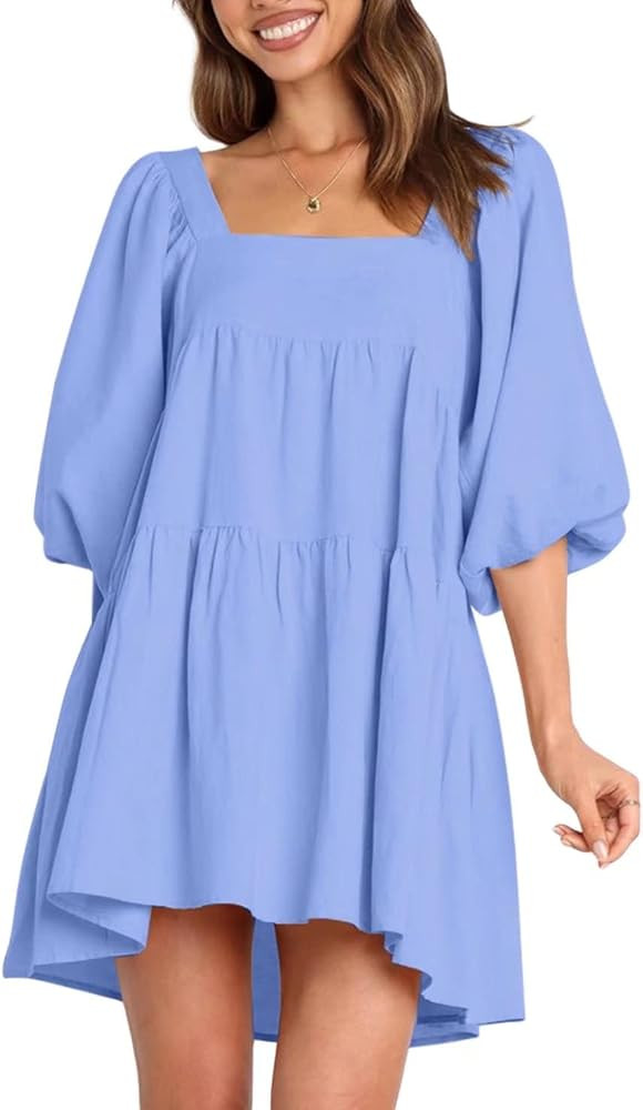 BLENCOT Womens Cute Puffed Sleeve Backless Lace Up Babydoll Mini Dresses S-XL | Amazon (US)