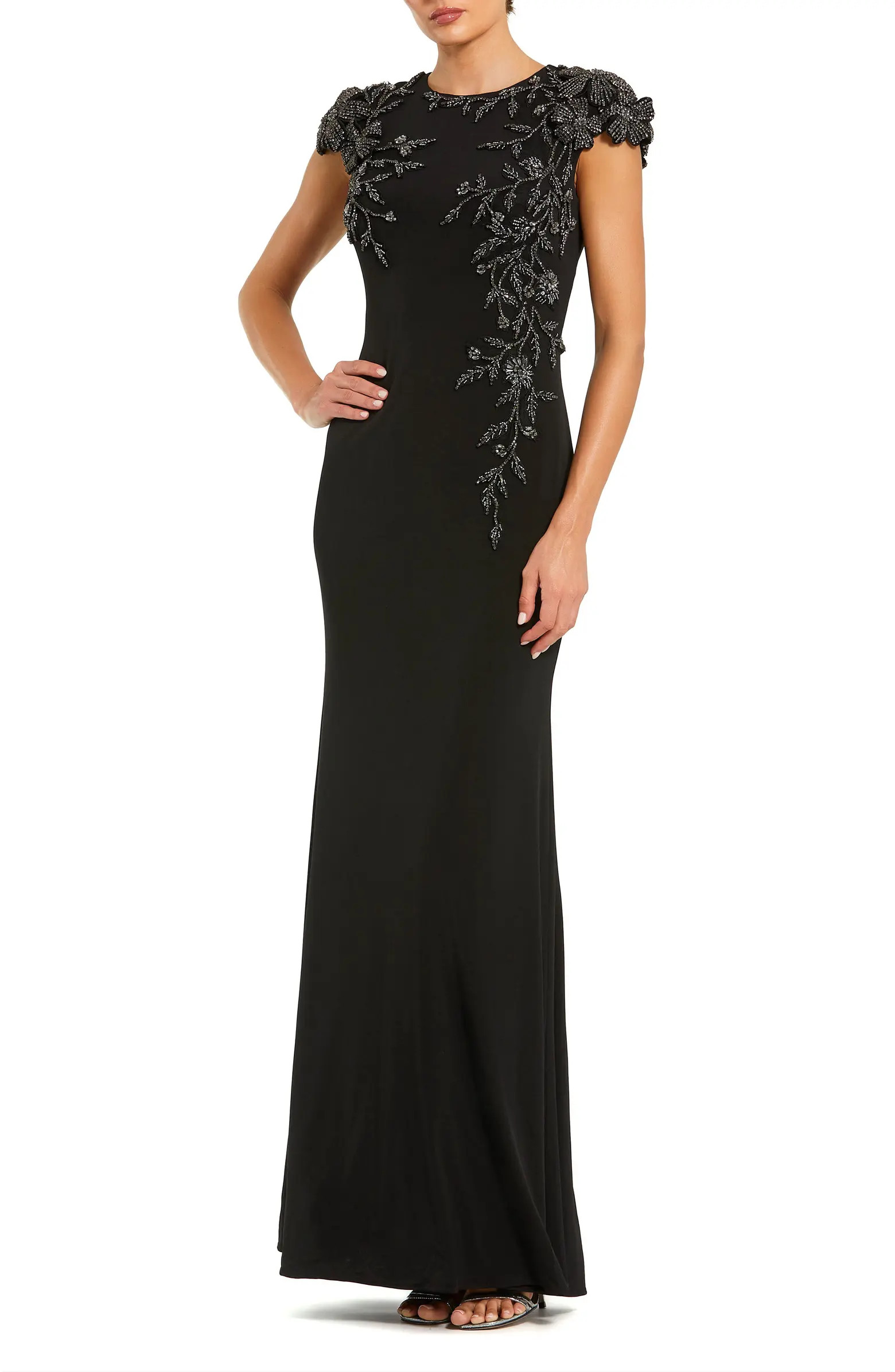 Jersey Cap Sleeve Fitted Gown With Beaded Flowers | Nordstrom