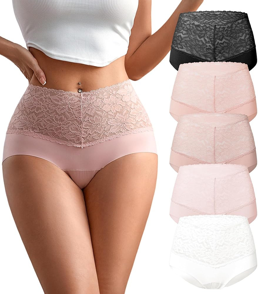 SHARICCA High Waist Lace Underwear for Women Seamless Sexy Panties Ladies Stretch Full Coverage B... | Amazon (US)