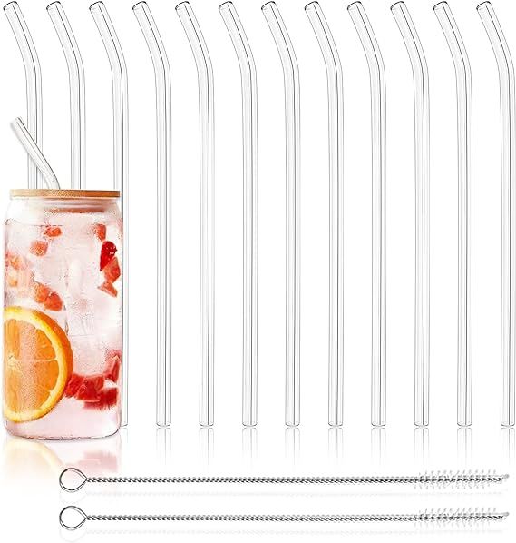 12 Pack Reusable Glass Straws - 8" x 8 MM, Bent Glass Drinking Straws with 2 Cleaning Brushes, Re... | Amazon (US)