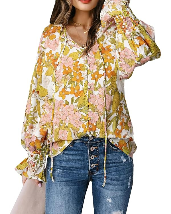 Biucly Women's Casual Boho Floral Print V Neck Long Sleeve Drawstring Tops Loose Blouses Button D... | Amazon (US)