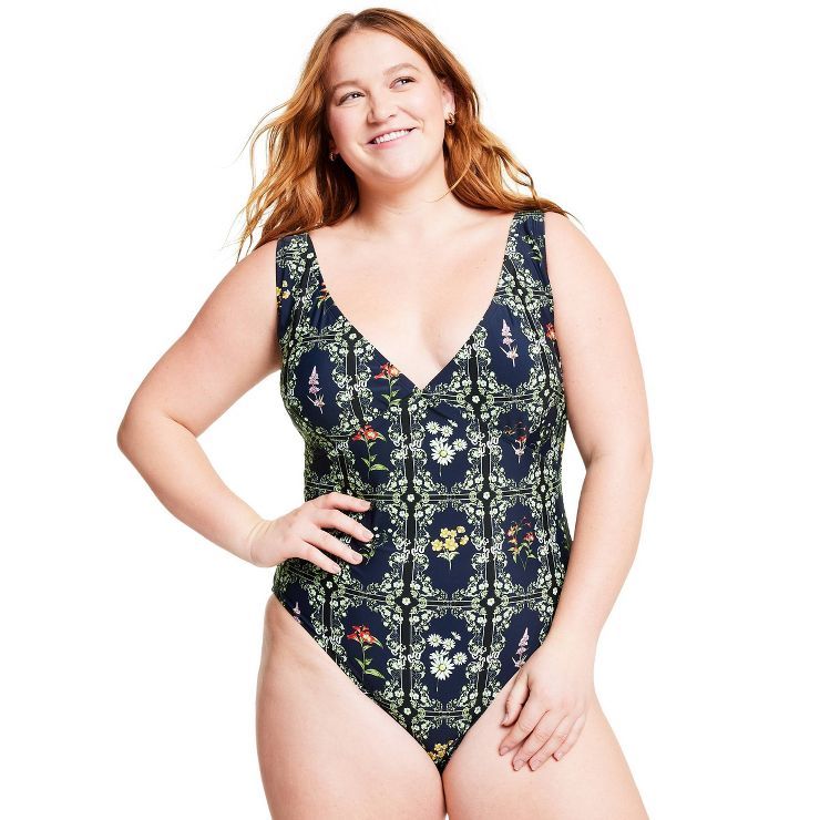 Women's Dainty Floral Tile Print Cheeky One Piece Swimsuit - Agua Bendita x Target Navy | Target