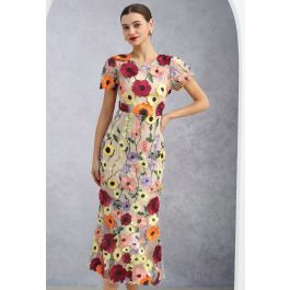 3D Floral Applique Mesh Tulle Mermaid Maxi Dress in Apricot | Chicwish