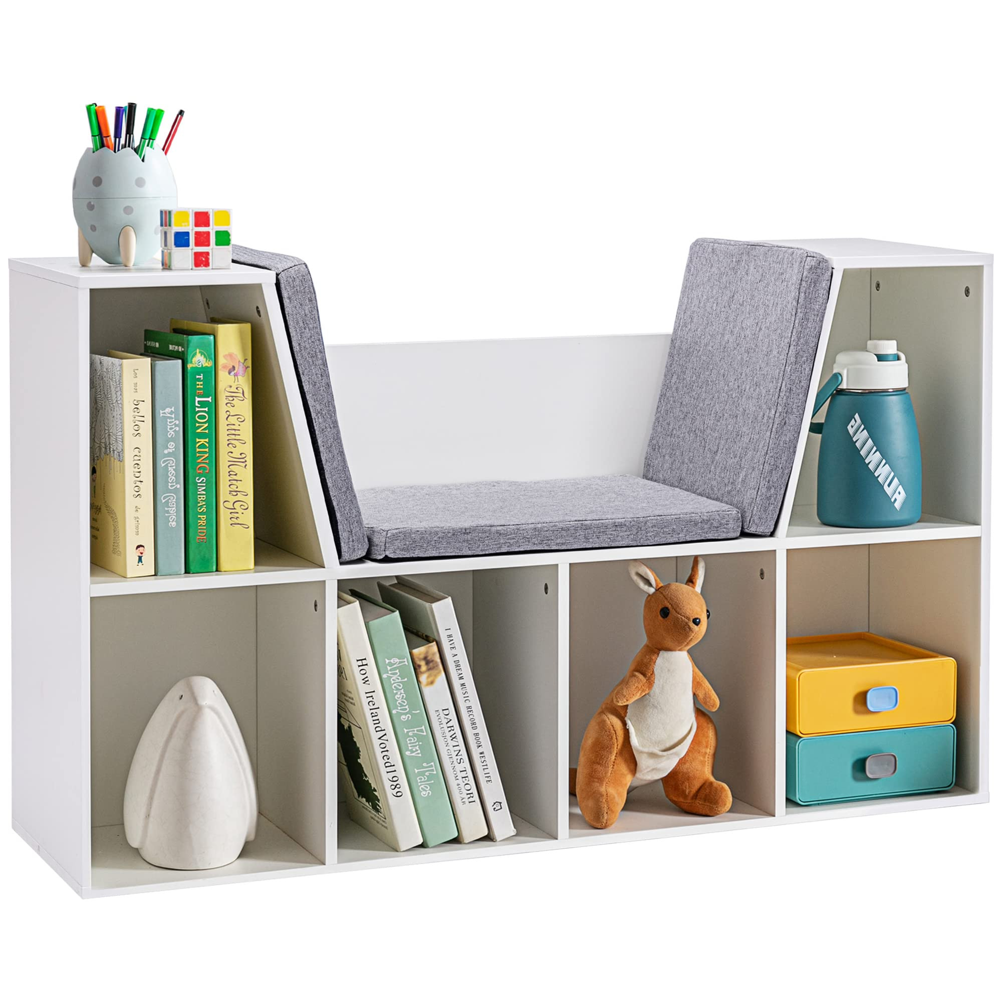HOMCOM 6-Cubby Kids Bookcase with Reading Nook and Cushion, Multi-Purpose Storage Organizer for B... | Amazon (US)