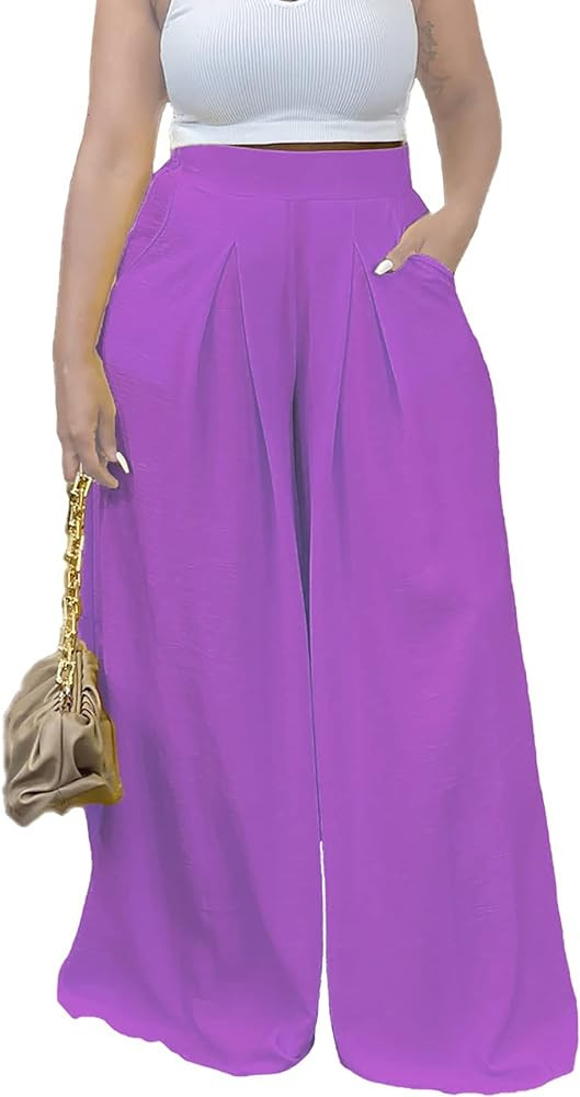 Miiyana Flowy Pants for Women Casual High Waisted Wide Leg Palazzo Pants Trousers with Pocket Plu... | Amazon (US)