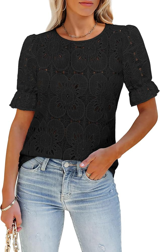Women's Eyelet Tops Puff Short Sleeve Blouses Dressy Casual Cute Hollow Out Crochet Lace Embroide... | Amazon (US)
