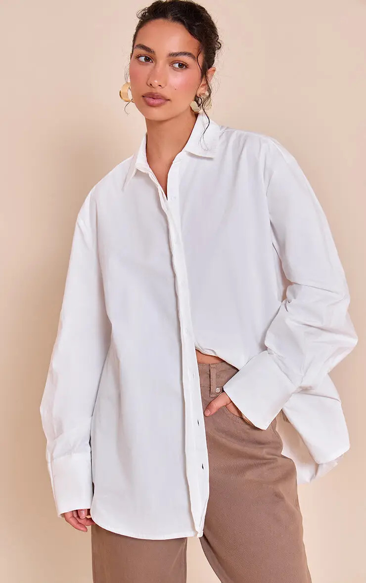 White Cotton Oversized Cuff Shirt | PrettyLittleThing US