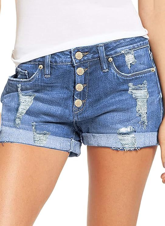 luvamia Women's Ripped Denim Jean Shorts Mid Rise Stretchy Folded Hem Short Jeans | Amazon (US)