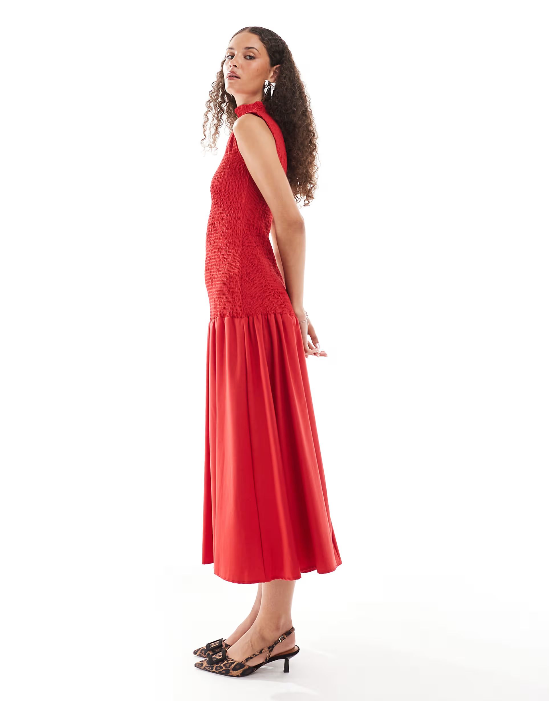 Ghospell Kali shirred dropwaist midi dress in red | ASOS (Global)