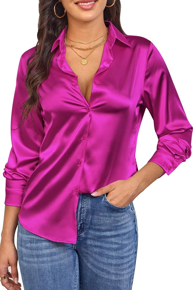 Womens Satin Silk Button Down Shirt Long Sleeve Blouse Silky Smooth Subtle Shine Blouses Tops | Amazon (US)