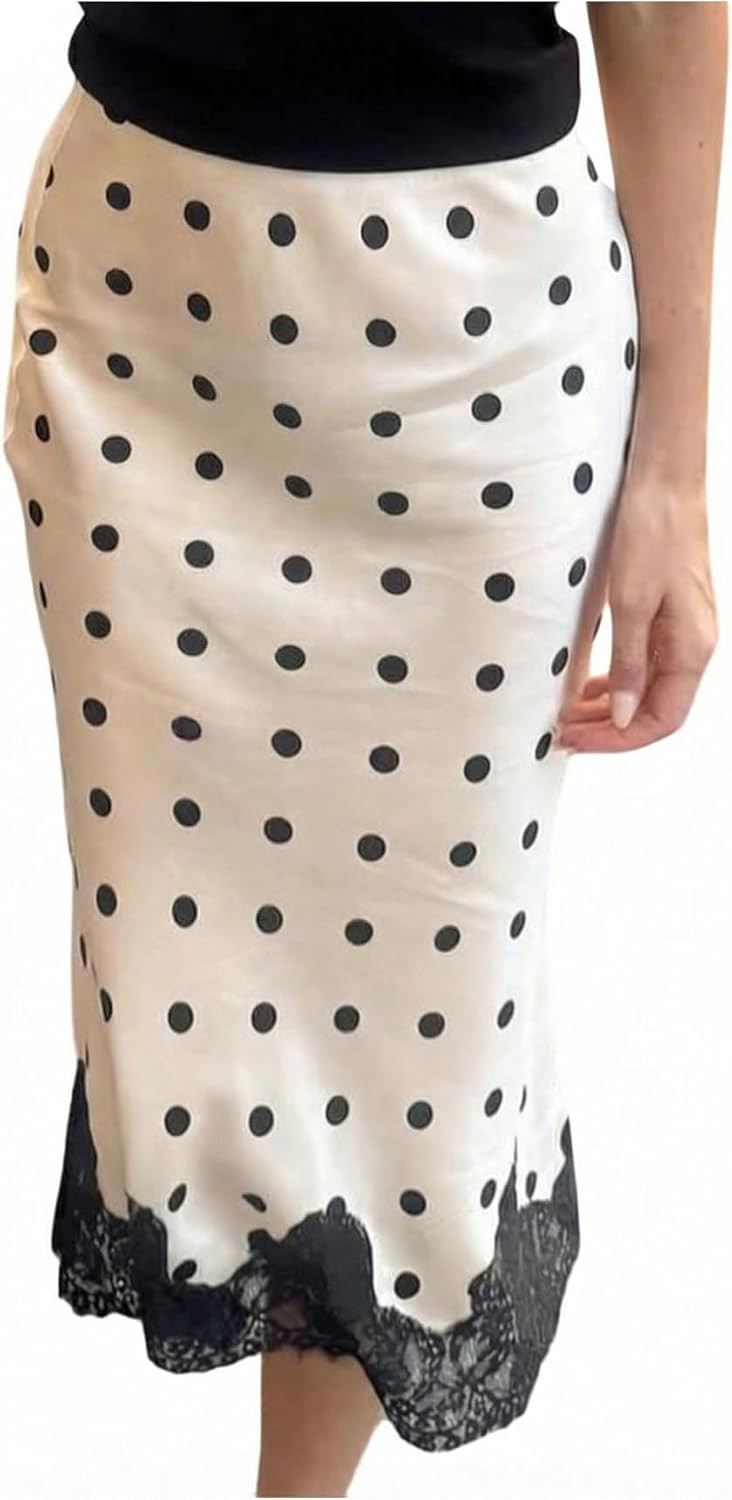 SOLY HUX Women's Satin Polka Dots Skirt Lace Trim Long Skirts | Amazon (US)