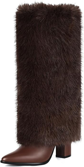 QLR 3.3-inch Chunky Knee High Fur Heel Boots Furry Fuzzy Fluffy Pointed Toe Boots for Women, Tall... | Amazon (US)