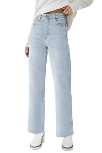 KDF Straight Leg Jeans for Women High Waisted Jeans Frayed Baggy Pants Raw Hem Loose Stretchy Cropped Wide Leg Jeans Sky Blue Size 12 | Amazon (US)