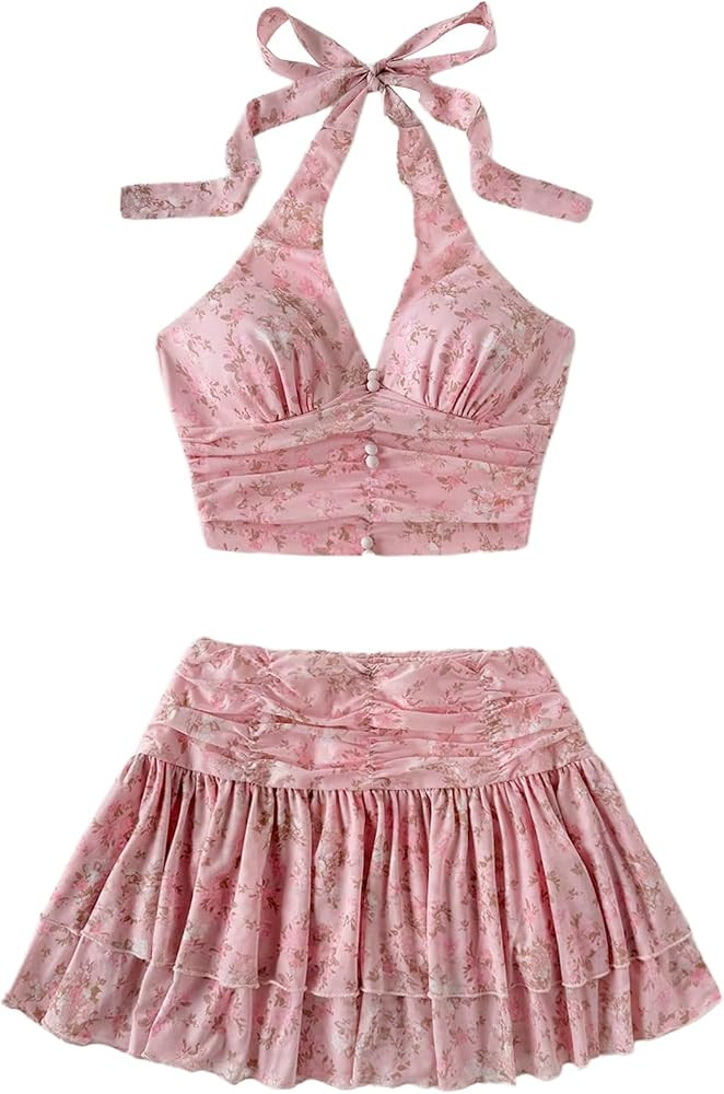 Verdusa Women's 2 Piece Vacation Outfits Floral Crop Halter Tops with Ruffle Layered Skirts Set | Amazon (US)