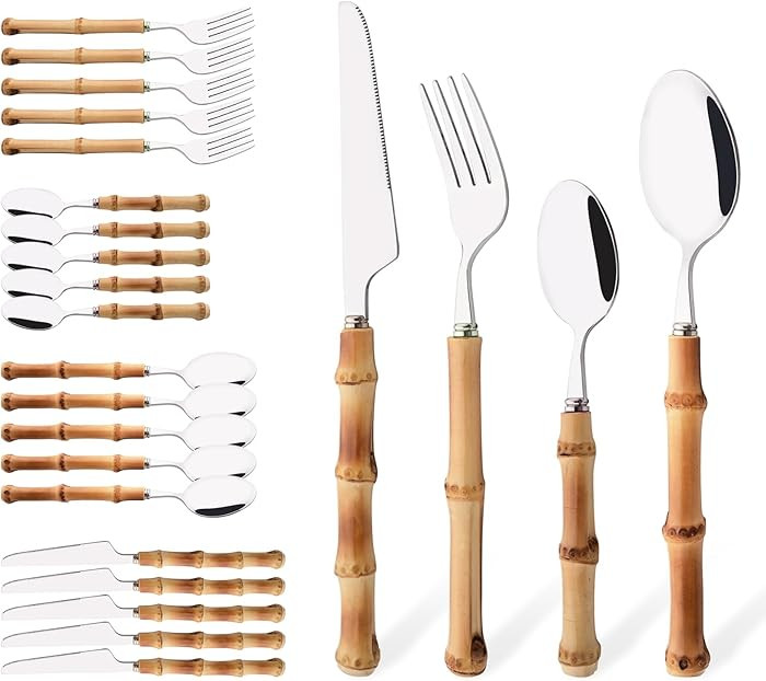 Bamboo Handle Silverware Set, 24-Piece Flatware Set for 6, Stainless Steel Cutlery Eating Utensil... | Amazon (US)