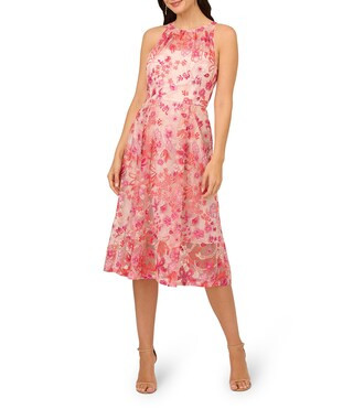 Adrianna Papell Floral Embroidered Halter Neck A-Line Midi Dress | Dillard's | Dillard's