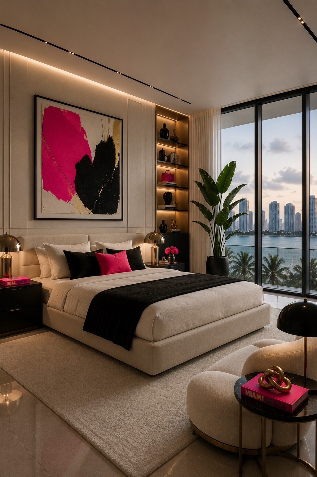 A sophisticated modern bedroom inspired by Miami Art Basel, featuring a luxurious cream upholstered bed, dramatic black and hot pink accents, oversized abstract artwork, warm ambient lighting, and floor-to-ceiling windows. The perfect mix of contemporary luxury, gallery-inspired style, and bold statement décor.

#bedroomdesign #luxurybedroom #miamidesign #artbasel #modernbedroom #bedroomdecor #luxuryinteriors #contemporarydesign #pinkdecor #statementart #designerhome #homedecor #interiordesign #ltkhome #amazonhome #bedroominspo #modernluxury #interiorinspiration #highendinteriors #homeinspo
