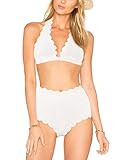 Blooming Jelly Women's High Waisted Swimsuit Halter Two Piece Bathing Suit Scalloped Bikini Set(Whit | Amazon (US)