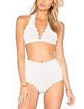 Blooming Jelly Women's High Waisted Swimsuit Halter Two Piece Bathing Suit Scalloped Bikini Set(Whit | Amazon (US)