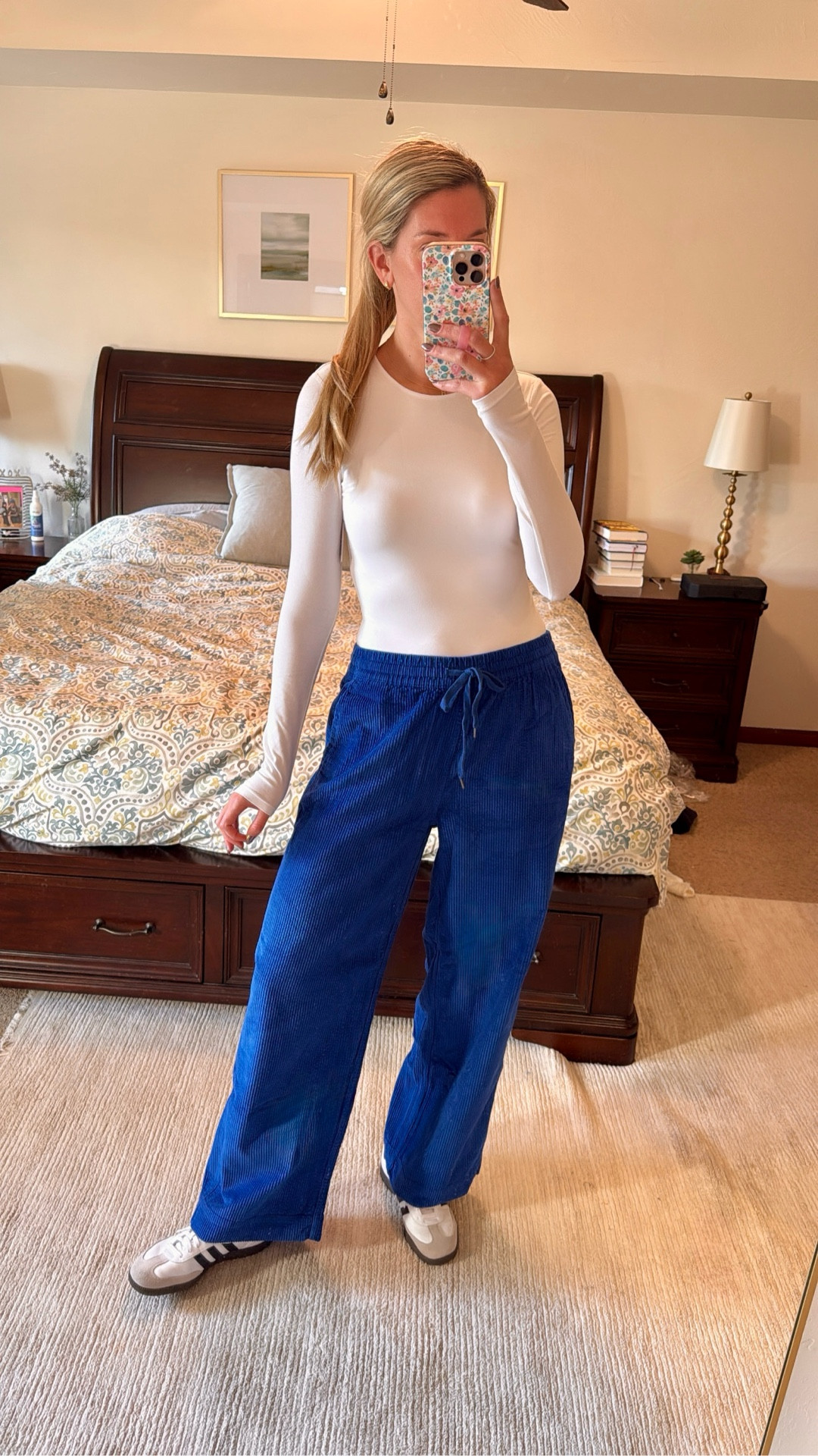 Wearing my true medium tall in both. Baggie pull on blue corduroy pants. Also come in tan. Tall bodysuit with full coverage back.

#LTKStyleTip #LTKTall #LTKSaleAlert