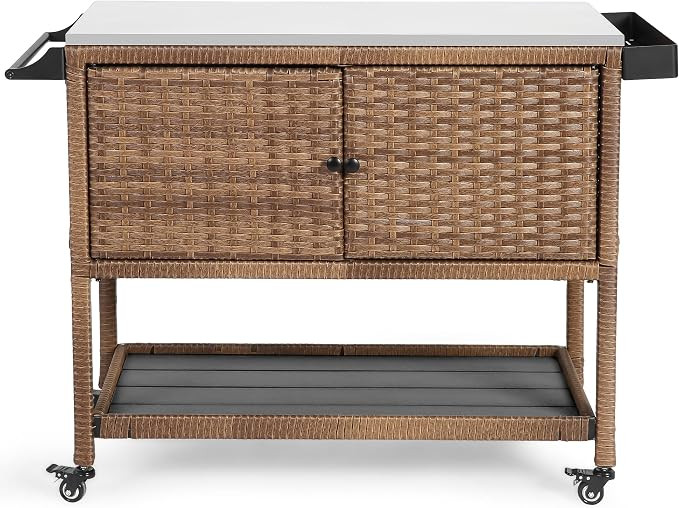 Outdoor Grill Cart Kitchen Island with Storage Stainless Steel Top BBQ Prep Station Wicker Servin... | Amazon (US)