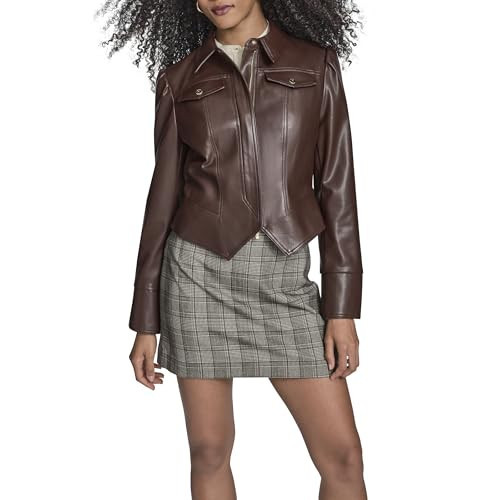 BCBG Women's Sportswear Faux Leather Pu Moto Jacket, Dark Truffle, Medium | Amazon (US)