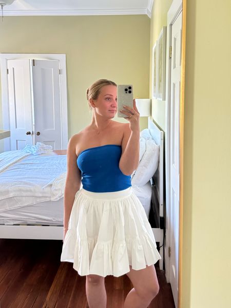 Blue strapless tube top, white mini skirt