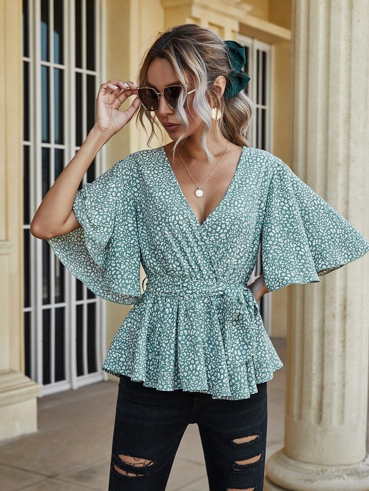 Dalmatian Print Ruffle Hem Belted Blouse | SHEIN