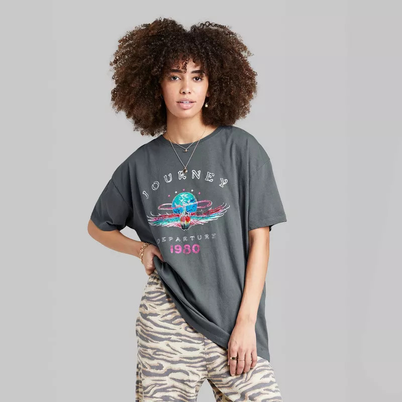 Women's Ascot + Hart Journey Short Sleeve Graphic Boyfriend T-Shirt - Gray | Target