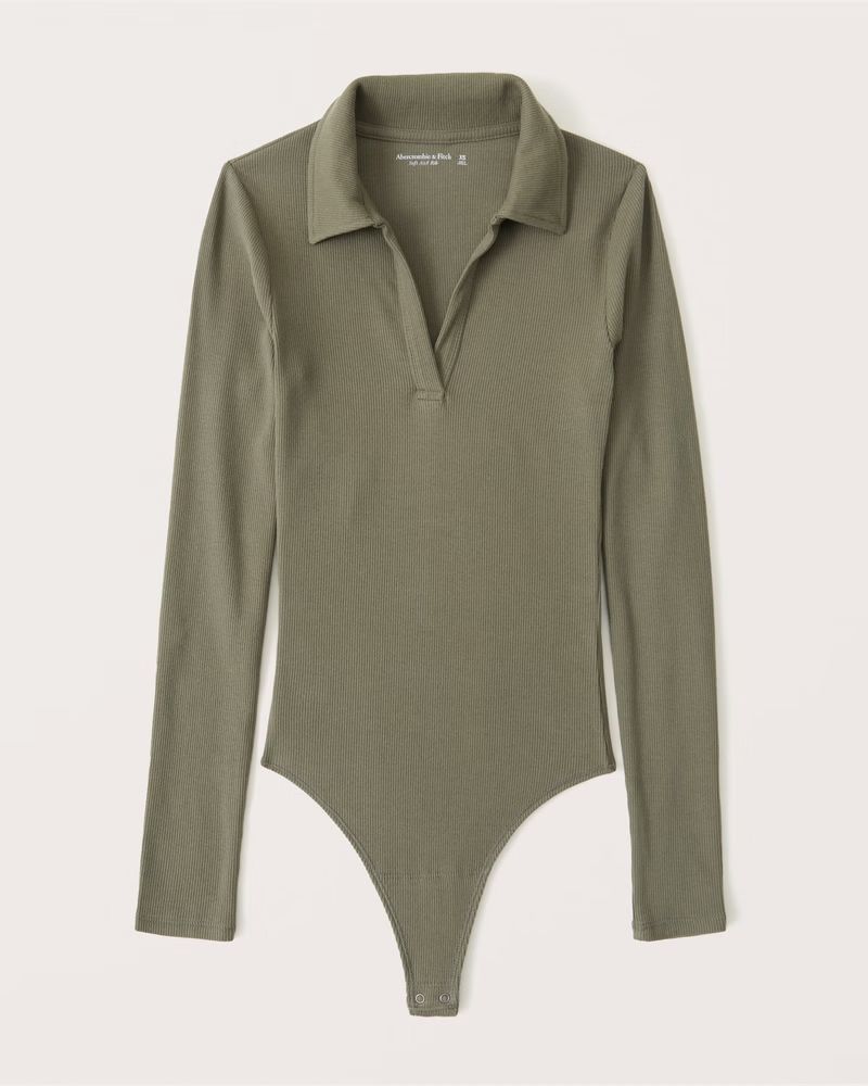 Abercrombie & Fitch Women's Long-Sleeve Ribbed Polo Bodysuit in Olive Green - Size M | Abercrombie & Fitch (US)