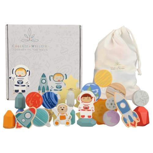 Toddler 30 Piece Stacking Wood Blocks Space Gift - Montessori 2 Year Old Fine Motor Skills Toy Learning Stacking Shape Sorter Sensory Preschool Busy Journey to the Moon (Block Set, Wood) | Amazon (US)