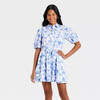 Women's Puff Sleeve Mini Shirtdress - A New Day™ Blue/White Toile S | Target