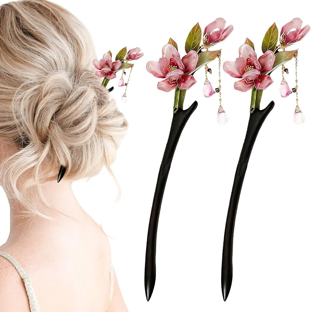 2 PACK Lotus Blossom Hairpin with Flowing Tassel Wooden Chopsticks with Tassel Handmade Hairpin H... | Amazon (US)