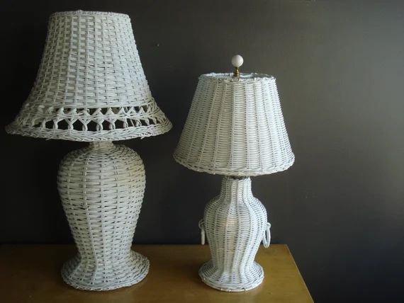 Large and Medium White Wicker Lamps - Vintage Woven Lamp - White Wicker Lampshade - Lamp Shade Wo... | Etsy (US)