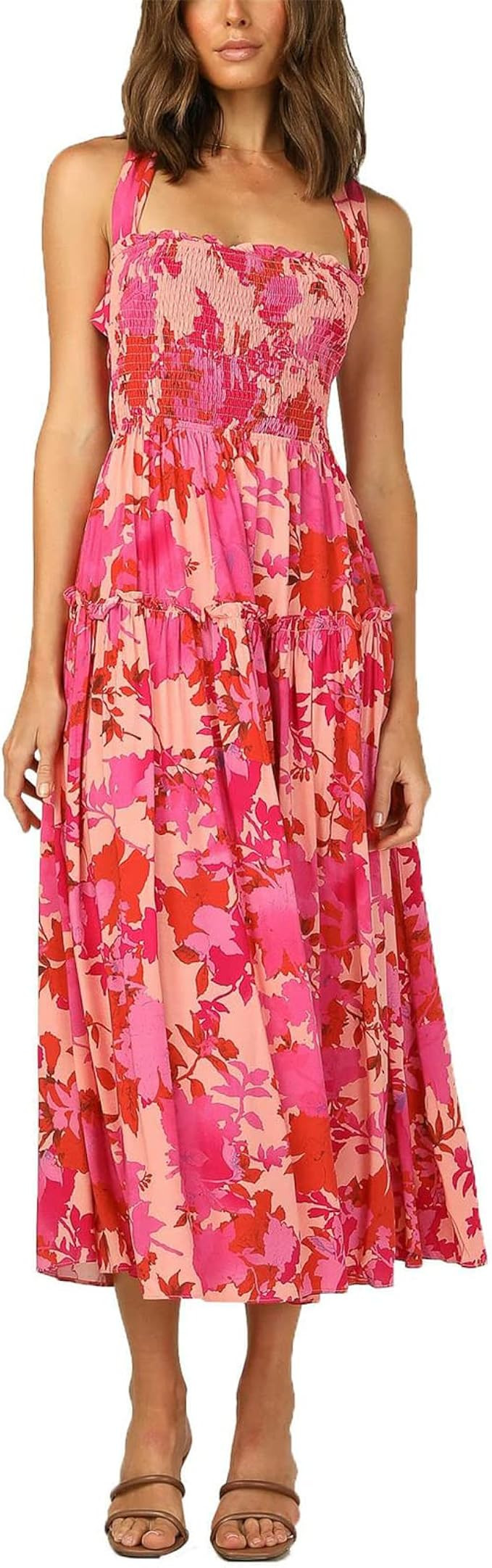 Women Boho Floral Print Sleeveless Maxi Dress Backless Tie Back Spaghetti Strap Vintage Loose Bea... | Amazon (US)