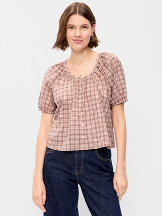 Short-Sleeve Button-Front Plaid Top | Old Navy (US)