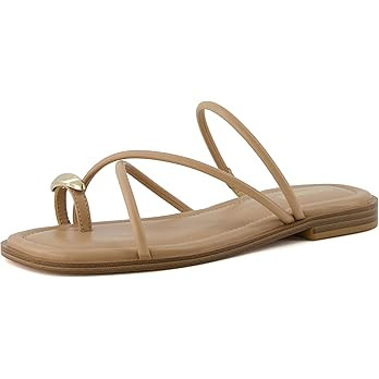 CUSHIONAIRE Venue Women’s Strappy Toe-Loop Slide Sandals with Gold-Tone Accent & Memory Foam Co... | Amazon (US)