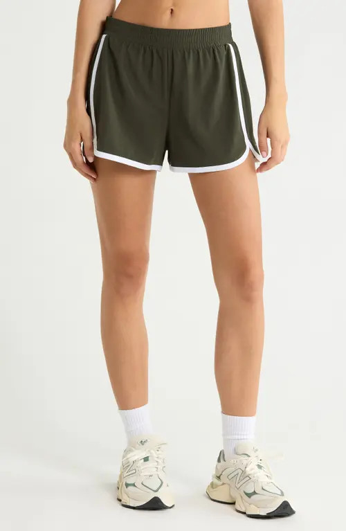 Beyond Yoga Go Retro Shorts in Olive Ink/true White at Nordstrom, Size X-Small | Nordstrom