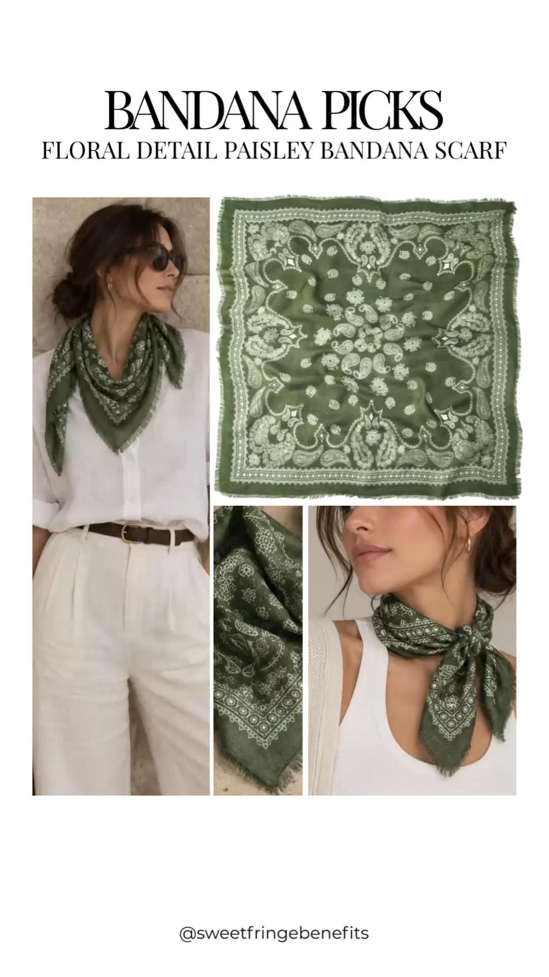 I keep coming back to bandanas because they’re such a simple way to change up an outfit. This pretty green paisley can be worn around your neck, in your hair, or tied onto a bag, and each one gives you a little something different.

#LTKOver40 #LTKWorkwear #LTKTravel